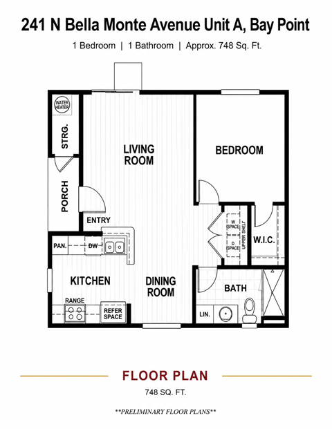 Floor plan for 1 bed, 1 bath, 748 sqft